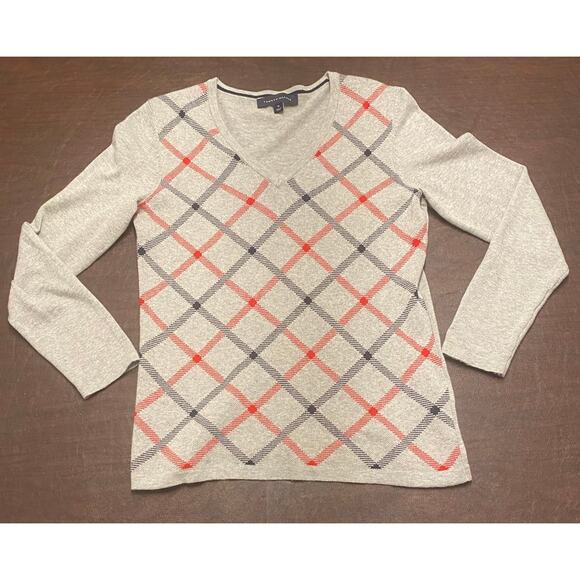 Tommy Hilfiger Gray Argyle V-Neck Sweater Women's Med Preppy Academia Layering - Picture 1 of 8